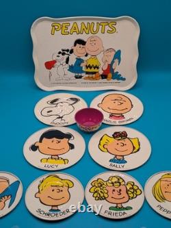 1950-1970 Peanuts Charlie Brown Snoopy Tin Toy Metal 4 Plates 4 Saucers Tray