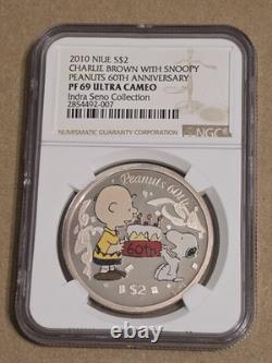 2010 Niue Silver 2 Dollars Peanuts Charlie Brown & Snoopy Ngc Pf 69 Ultra Cameo