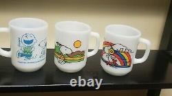 3 Fire King Anchor Hocking Snoopy Skating Milk Glass Mugs & Charlie Brown