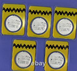 5 PEANUTS SNOOPY CHARLIE BROWN LUCY SALLY WOODSTOCK 1 oz COLORIZED SILVER ROUNDS