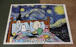 DEATH NYC ltd ed signed art print 45x32cm Snoopy Charlie Brown Van Gogh bed time