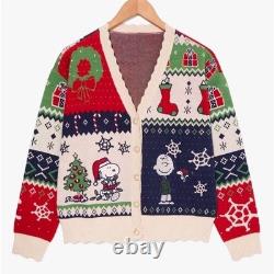 NEW Peanuts Snoopy & Charlie Brown Holiday Christmas Patchwork Wom Cardigan 2XL