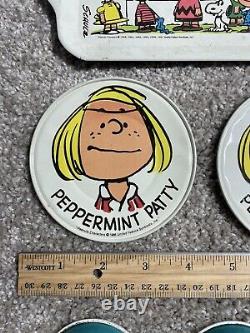 Peanuts Snoopy Characters 1950-1966 Metal Tin Plates, Tray, Tea cups, and Kettle