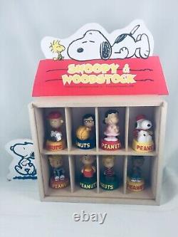 Peanuts Snoopy & Woodstock 8 figurine wall decor display case. Charlie Brown