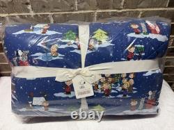 Pottery Barn Charlie Brown Gang Snoopy QUEEN Quilted Comforter Blu Christmas NEW