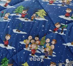 Pottery Barn Charlie Brown Gang Snoopy QUEEN Quilted Comforter Blu Christmas NEW