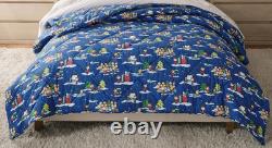 Pottery Barn Charlie Brown Gang Snoopy QUEEN Quilted Comforter Blu Christmas NEW