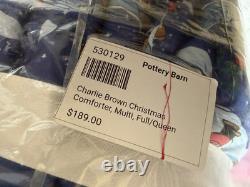 Pottery Barn Charlie Brown Gang Snoopy QUEEN Quilted Comforter Blu Christmas NEW