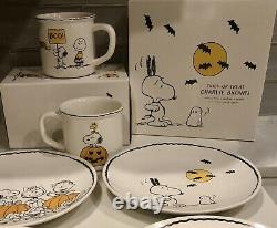 Pottery Barn PeanutsSnoopyCharlie Brown Halloween Plates(4) & Mugs(2) SET NIB