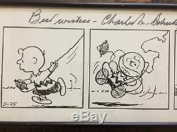 SIGNED CHARLES SCHULZ Peanuts Comic Strip CHARLIE BROWN Snoopy Framed Autograph