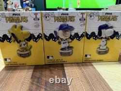 Texas Rangers Snoopy, Charlie Brown, and Woodstock Mini Bobbleheads Set