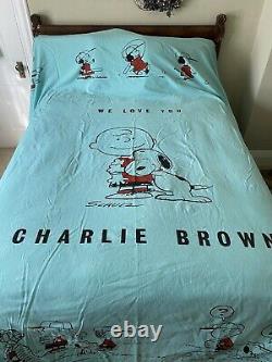 Vintage 1966 CHARLIE BROWN Snoopy Peanuts BEDSPREAD, Rare Aqua & Full Queen Size