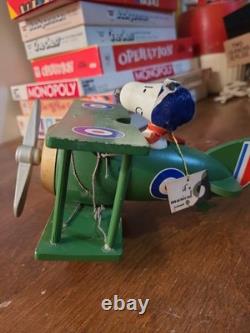 Vintage 1970 Schmid Peanuts Snoopy Flying Ace Wooden Biplane Music Box Works