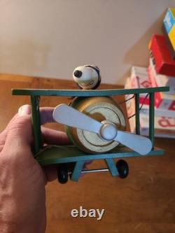 Vintage 1970 Schmid Peanuts Snoopy Flying Ace Wooden Biplane Music Box Works