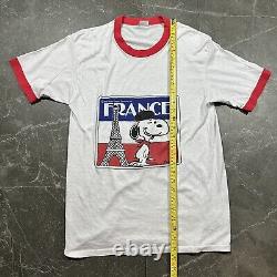 Vintage 70's Peanuts Paris France Snoopy Ringer Shirt Men's Size L Charlie Brown