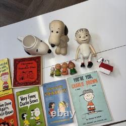 Vintage Peanuts Charlie Brown Snoopy Lot Books Figures Mug Pencil Sharpener