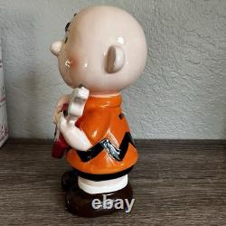 Vintage Peanuts Snoopy Charlie Brown Bank With Stopper Box Rare New Guitar Japan