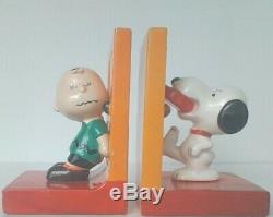 Vintage Peanuts Snoopy Charlie Brown Ceramic Bookends Rare Nice Condition