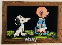 Vintage Velvet Art Signed Original Peanuts Charlie Brown Snoopy Framed Picture