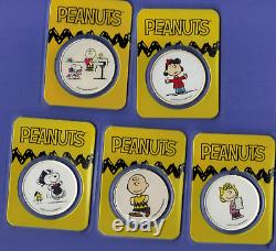 5 ARACHIDES SNOOPY CHARLIE BROWN LUCY SALLY WOODSTOCK 1 once RONDS D'ARGENT COLORISÉS