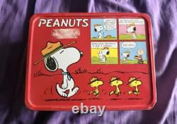 Boîte à lunch vintage Peanuts Charlie Brown Snoopy 1965 métal rouge rare AVEC thermos