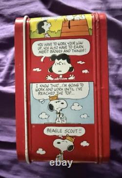Boîte à lunch vintage Peanuts Charlie Brown Snoopy 1965 métal rouge rare AVEC thermos