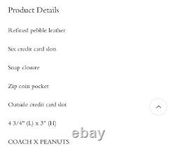Coach X Peanuts Slim Bifold Card Wallet Avec Charlie Brown C4307 T.n.-o.