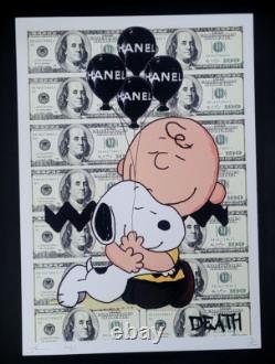 DEATH NYC Impression grand format signée à la main, encadrée 16 x 20 po, avec certificat d’authenticité, Snoopy Charlie Brown Love ^