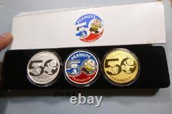 Ensemble de 3 pièces en argent 999 émaillées Snoopy Charlie Brown Peanuts 50ème anniversaire 6sp8