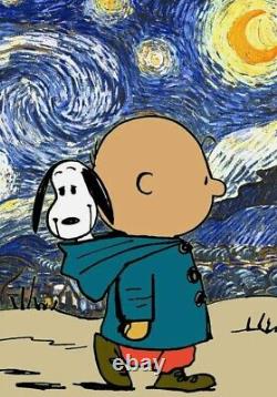 Impression d'art pop signée en édition limitée DEATH NYC, 45x32 cm, Charlie Brown Snoopy Nuit étoilée.