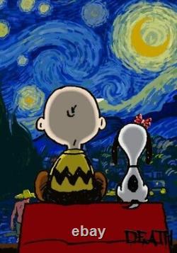 Impression d'art pop signée en édition limitée DEATH NYC 45x32 cm Snoopy Charlie Brown Van Gogh