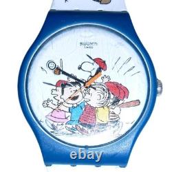 Montre vintage Swatch Peanuts Snoopy Baseball bleue et blanche Charlie Brown 34 mm