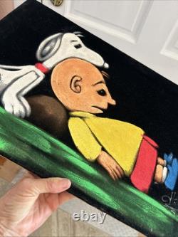 Peinture en velours vintage signée Snoopy Charlie Brown Love Art original des années 60 70
