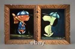 Peintures à l'huile en velours mexicain vintage des années 1970 de Charlie Brown et Snoopy jouant au baseball