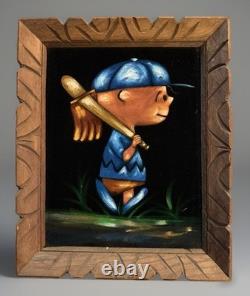 Peintures à l'huile en velours mexicain vintage des années 1970 de Charlie Brown et Snoopy jouant au baseball