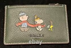 Porte-carte en cuir Coach Zip Charlie Brown Snoopy Woodstock vert foncé