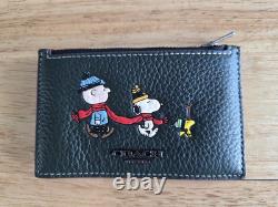 Portefeuille en cuir Coach Zip Card Charlie Brown Snoopy Woodstock Vert Foncé CE713