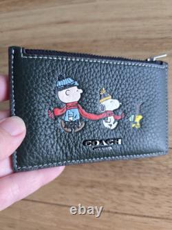 Portefeuille en cuir Coach Zip Card Charlie Brown Snoopy Woodstock Vert Foncé CE713