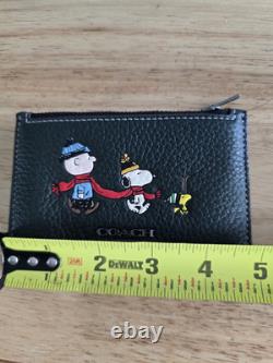 Portefeuille en cuir Coach Zip Card Charlie Brown Snoopy Woodstock Vert Foncé CE713