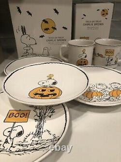Poterie Barn Peanutssnoopycharlie Plaques D'halloween Brunes(4) Et Tasses(2) Set Nib