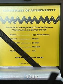 Snoopy et Charlie Brown 1 once d'argent épreuve de 2021 pour la Saint-Valentin avec boîte et certificat d'authenticité