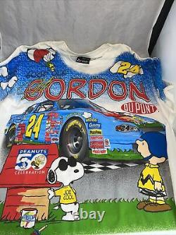 Vtg 90s Peanuts Charlie Brown Jeff Gordon T Shirt Nascar All Over Print Avec Bonus